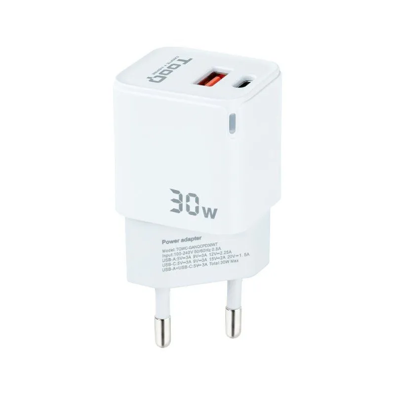 Cargador de Pared GaN TooQ TQWC-GANQCPD30WT/ 1xUSB Tipo-C/ 1xUSB/ 30W