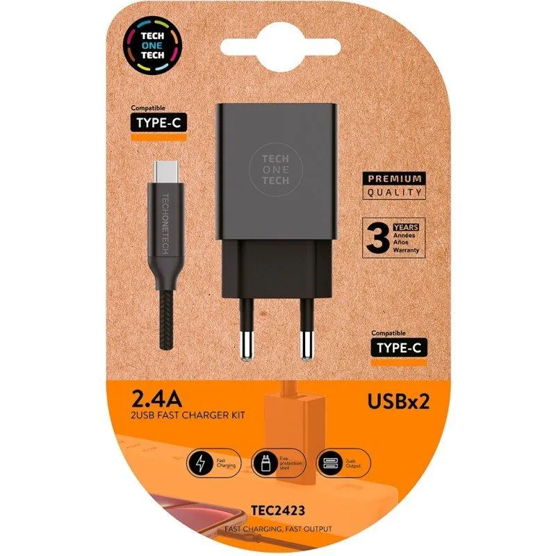 Cargador de Pared Tech One Tech TEC2423/ 2xUSB + Cable USB Tipo-C/ 12W/ Negro