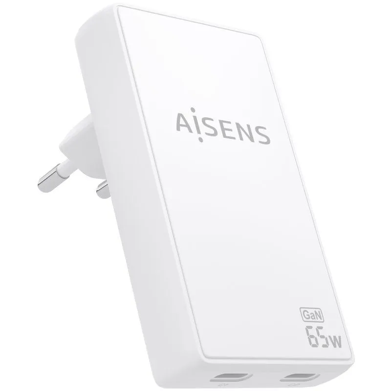 Cargador de Pared GaN Aisens ASCH-65W2P077-W/ 2xUSB Tipo-C/ 65W/ Blanco