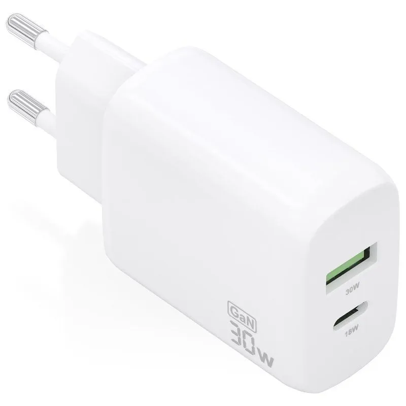 Cargador de Pared GaN Aisens A110-0923/ 1xUSB Tipo-C/ 1xUSB/ 30W/ Blanco