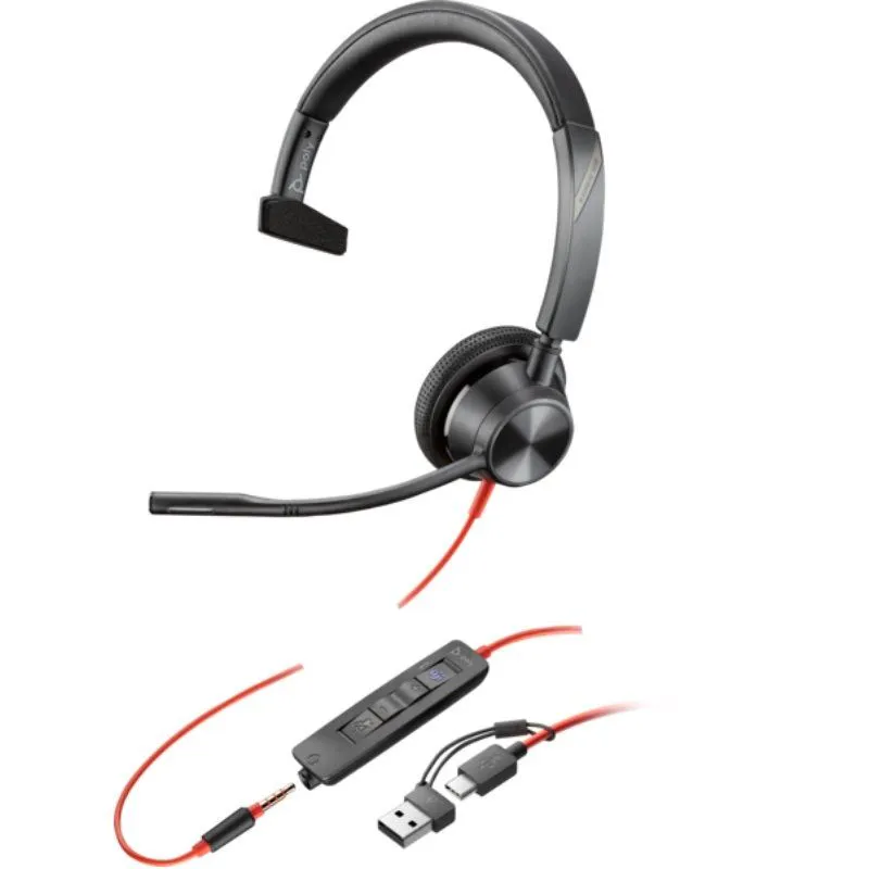 Auricular Poly Blackwire 3315 para Microsoft Teams + Adaptador USB-C/A/ con Micrófono/ Jack 3.5/ Negro