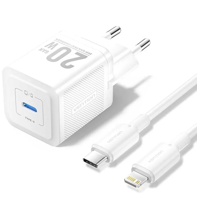 Cargador de Pared GaN Vention TZ-FEPW0-EU-02/ 1xUSB Tipo-C + Cable Lightning/ 20W