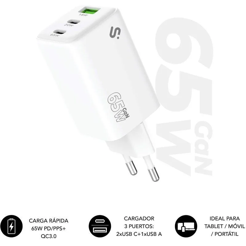 Cargador de Pared GaN Subblim 65W Charger USB C+C+A/ 2xUSB Tipo-C/ 1xUSB/ 65W