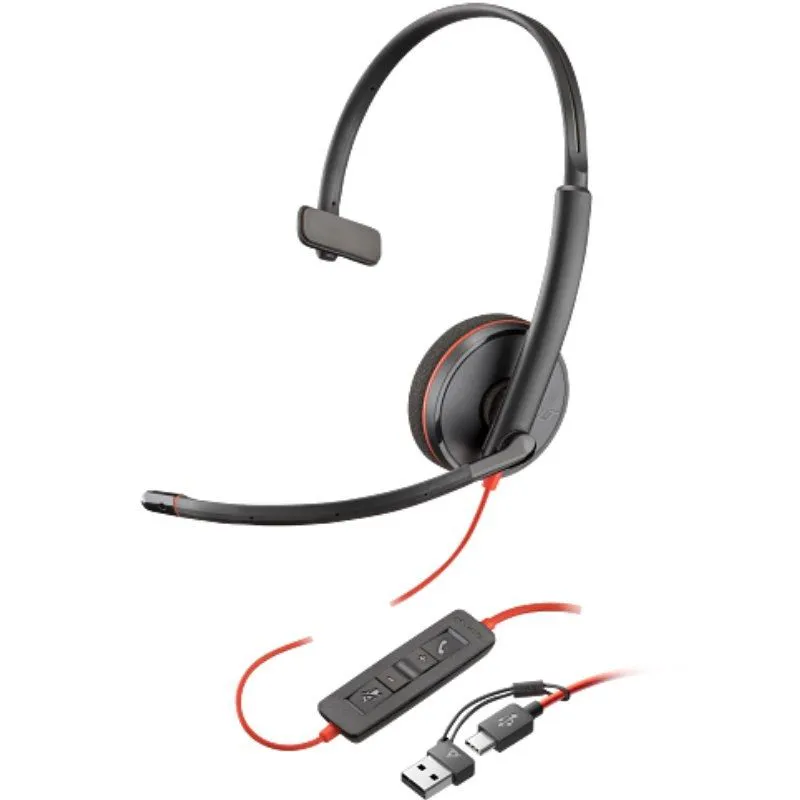Auricular Poly Blackwire 3210 + Adaptador USB-C/A/ con Micrófono/ USB Tipo-C/ Bulk/ Negro