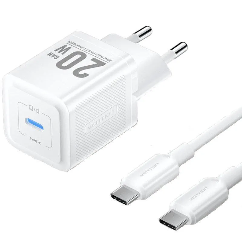 Cargador de Pared GaN Vention TZ-FEPW0-EU-01/ 1xUSB Tipo-C + Cable USB Tipo-C/ 20W