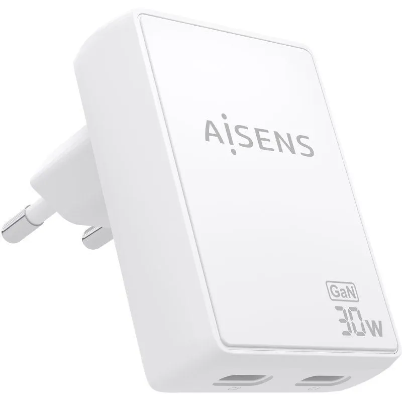 Cargador de Pared GaN Aisens ASCH-30W2P075-W/ 2xUSB Tipo-C/ 30W/ Blanco