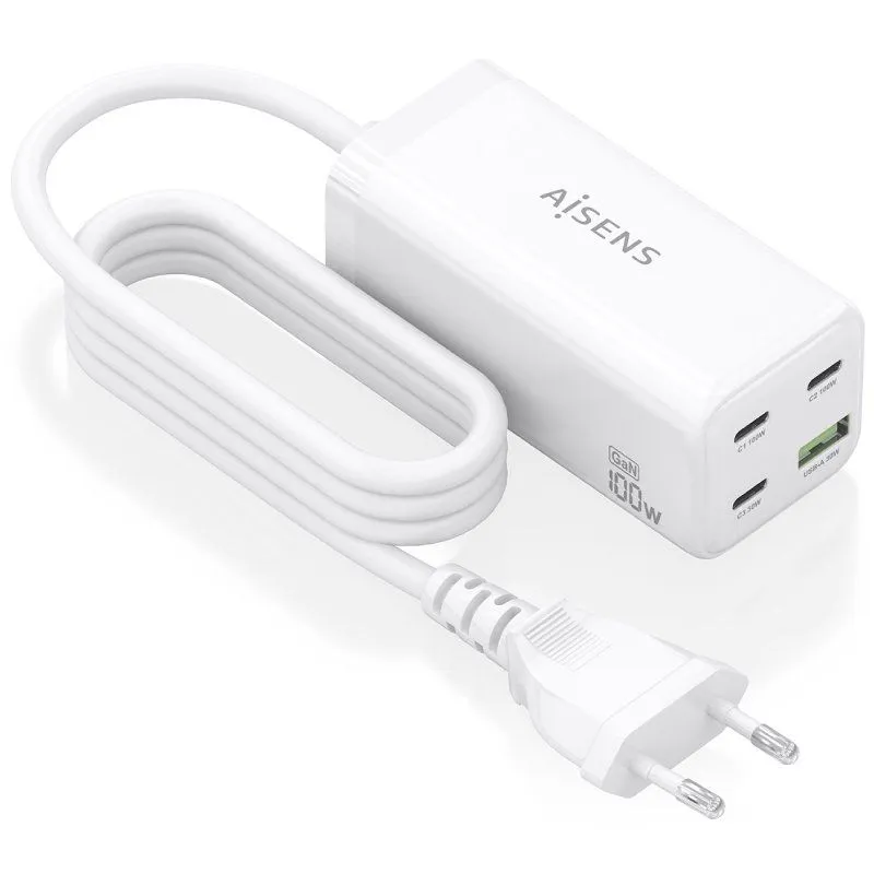 Cargador Sobremesa GaN Aisens ASCH-100W4P053-W/ 3xUSB Tipo-C/ 1xUSB/ 100W