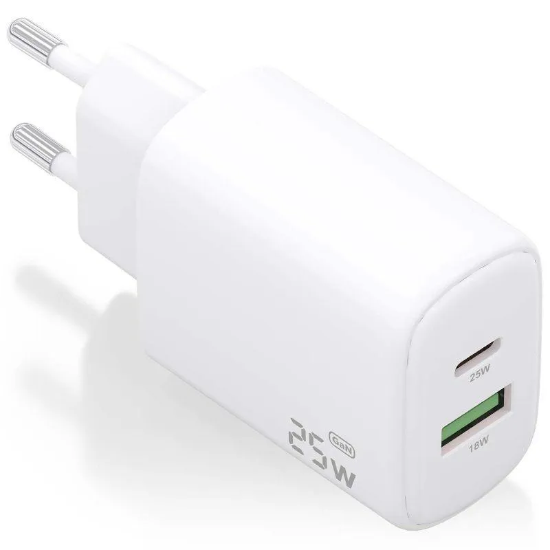 Cargador de Pared GaN Aisens A110-0911/ 1xUSB Tipo-C/ 1xUSB/ 25W/ Blanco