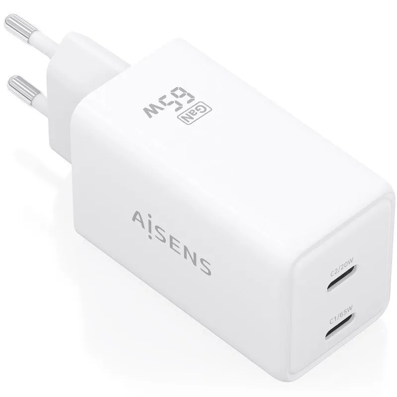 Cargador de Pared GaN Aisens ASCH-65W2P078-W/ 2xUSB Tipo-C/ 65W/ Blanco