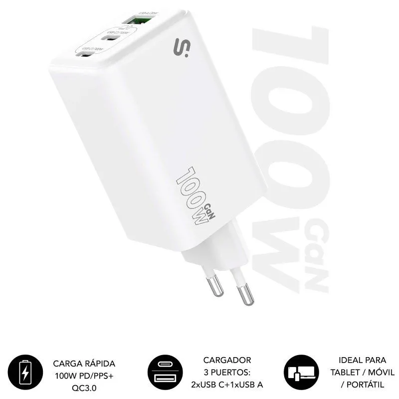 Cargador de Pared GaN Subblim 100W Charger USB C+C+A/ 2xUSB Tipo-C/ 1xUSB/ 100W