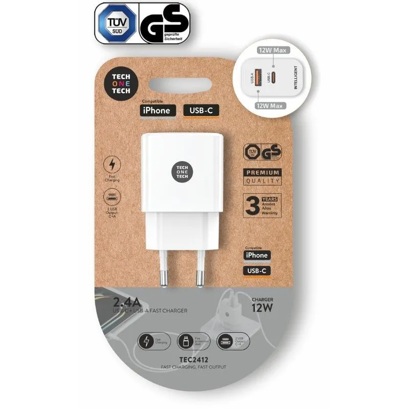 Cargador de Pared Tech One Tech TEC2412/ 1xUSB Tipo-C/ 1xUSB/ 12W/ Blanco