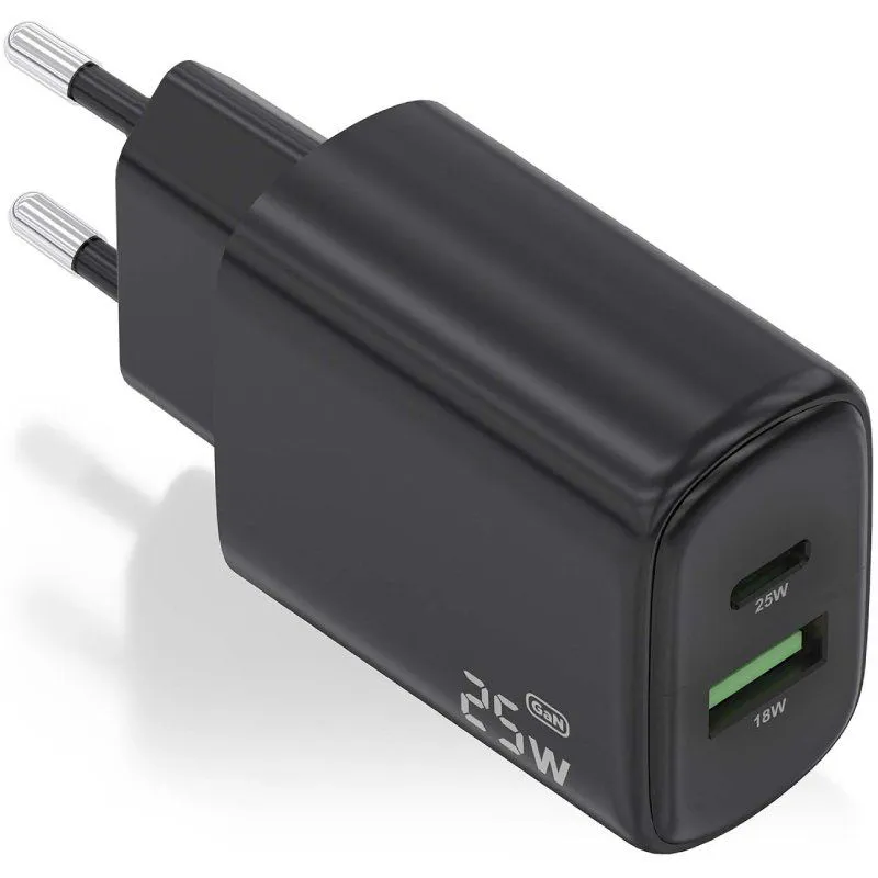 Cargador de Pared GaN Aisens A110-0912/ 1xUSB Tipo-C/ 1xUSB/ 25W/ Negro