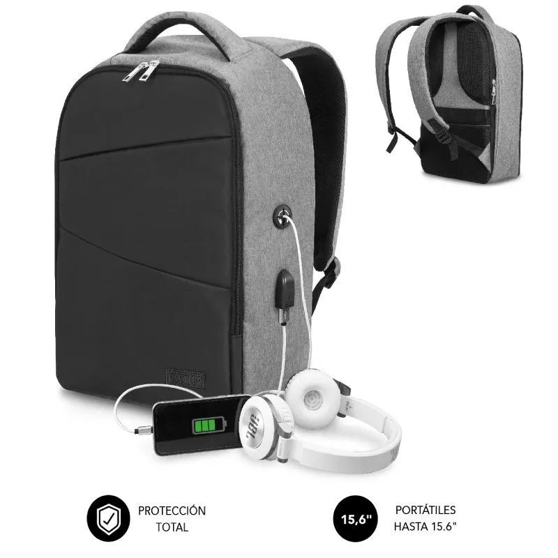 Mochila Subblim Secure V2 AP para Portátiles hasta 15.6"/ Puerto USB/ Antirrobo/ Repelente al agua/ Cinta para Trolley/ Gris