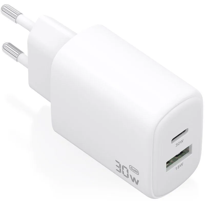 Cargador de Pared GaN Aisens A110-0977/ 1xUSB Tipo-C/ 1xUSB/ 30W/ Blanco