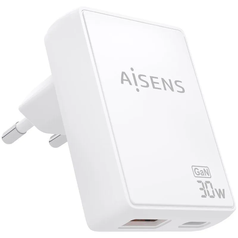 Cargador de Pared GaN Aisens ASCH-30W2P074-W/ 1xUSB Tipo-C/ 1xUSB/ 30W/ Blanco