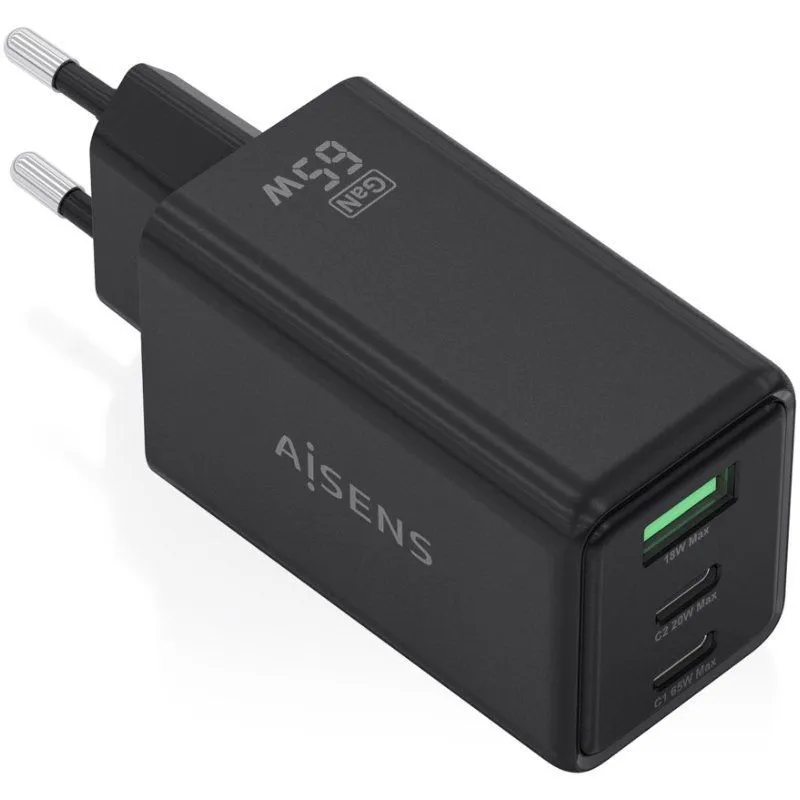 Cargador de Pared GaN Aisens ASCH-65W3P073-BK/ 2xUSB Tipo-C/ 1xUSB/ 65W/ Negro