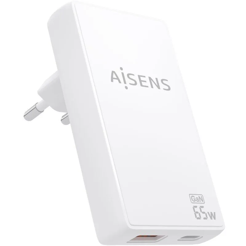 Cargador de Pared GaN Aisens ASCH-65W2P076-W/ 1xUSB Tipo-C/ 1xUSB/ 65W/ Blanco