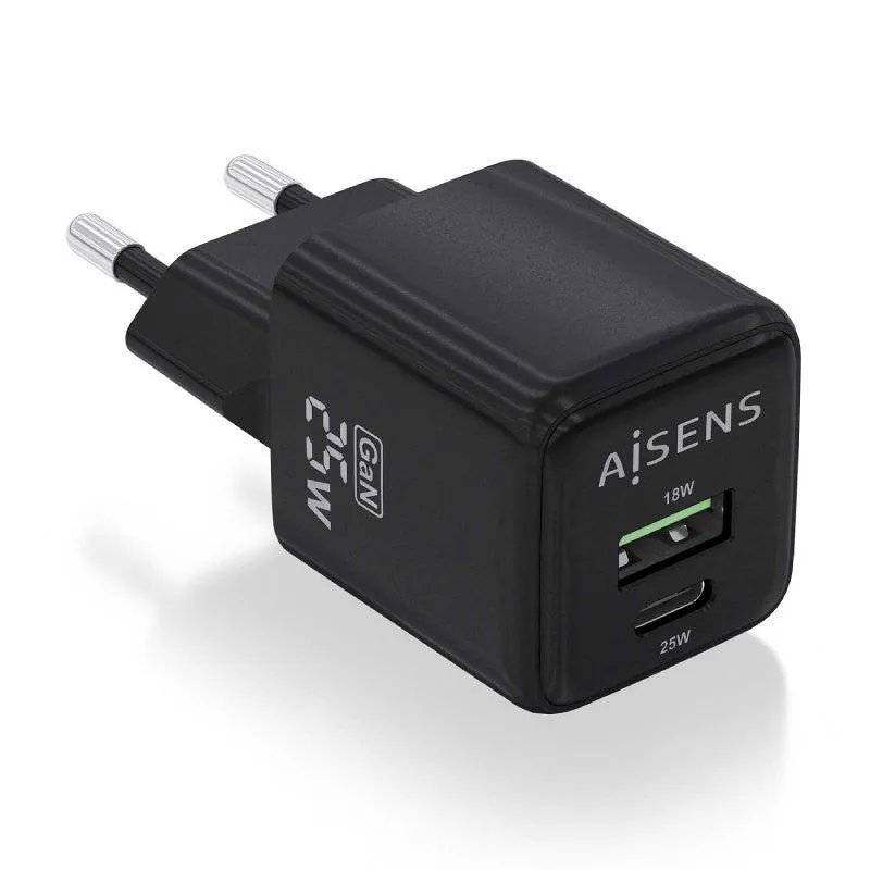 Cargador de Pared GaN Aisens ASCH-25W2P015-BK/ 1xUSB Tipo-C/ 1xUSB/ 25W