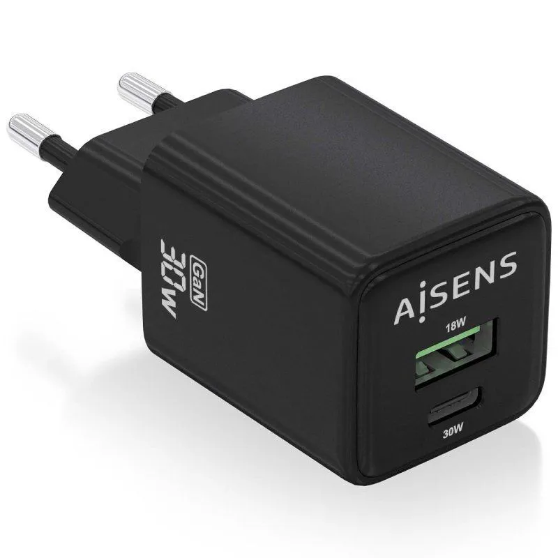 Cargador de Pared GaN Aisens ASCH-30W2P038-BK/ 1xUSB Tipo-C/ 1xUSB/ 30W
