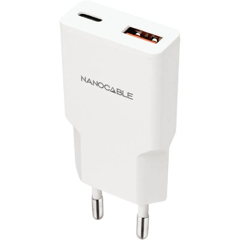 Cargador de Pared Nanocable 10.10.2022/ 1xUSB Tipo-C/ 1xUSB/ 20W/ Blanco
